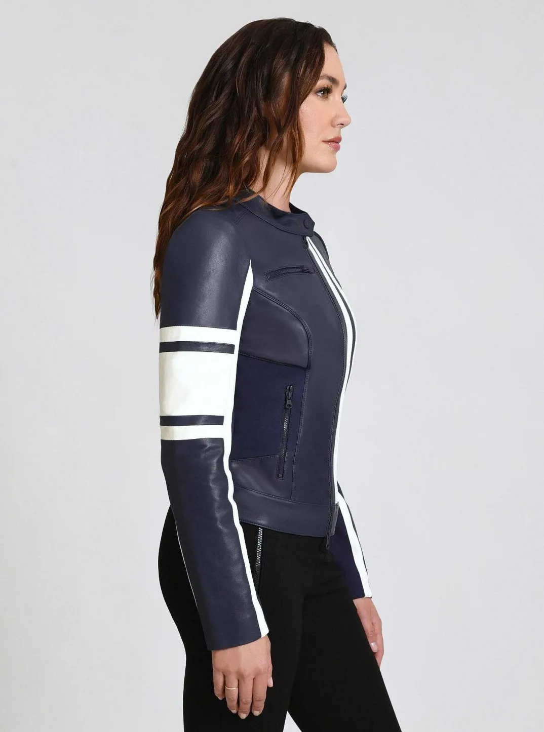 Fashion Claudine Leather Racer Jacket Women Naval Blue