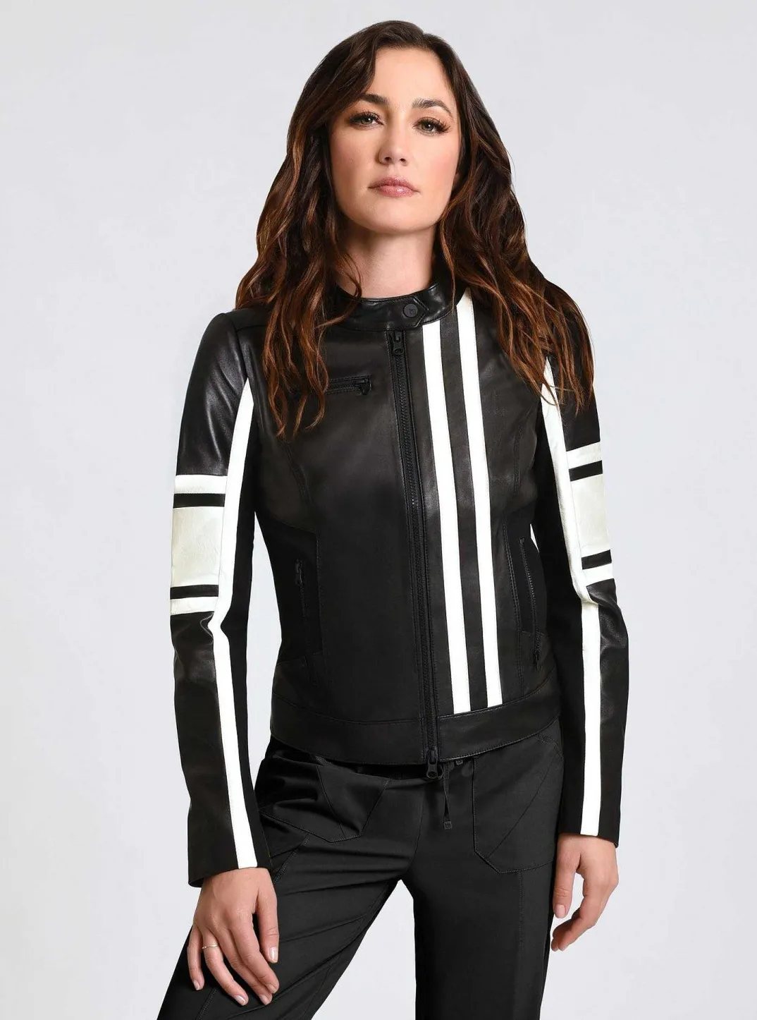 Fashion Claudine Leather Racer Jacket Women Naval Blue