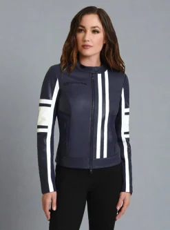 Fashion Claudine Leather Racer Jacket Women Naval Blue