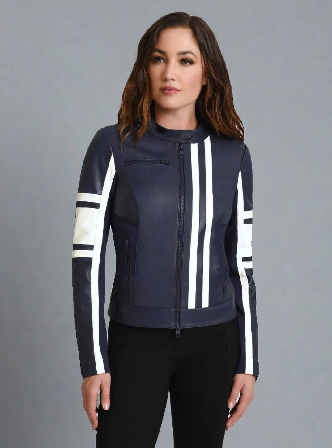 Fashion Claudine Leather Racer Jacket Women Naval Blue