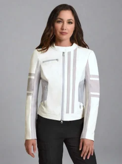 Fashion Claudine Leather Racer Jacket Women Naval Blue