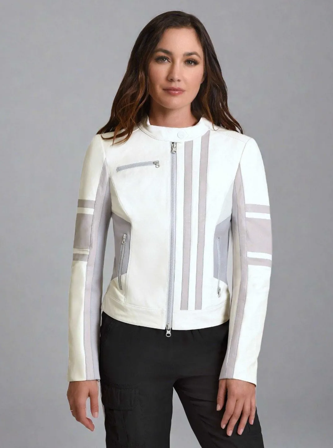 Fashion Claudine Leather Racer Jacket Women Naval Blue