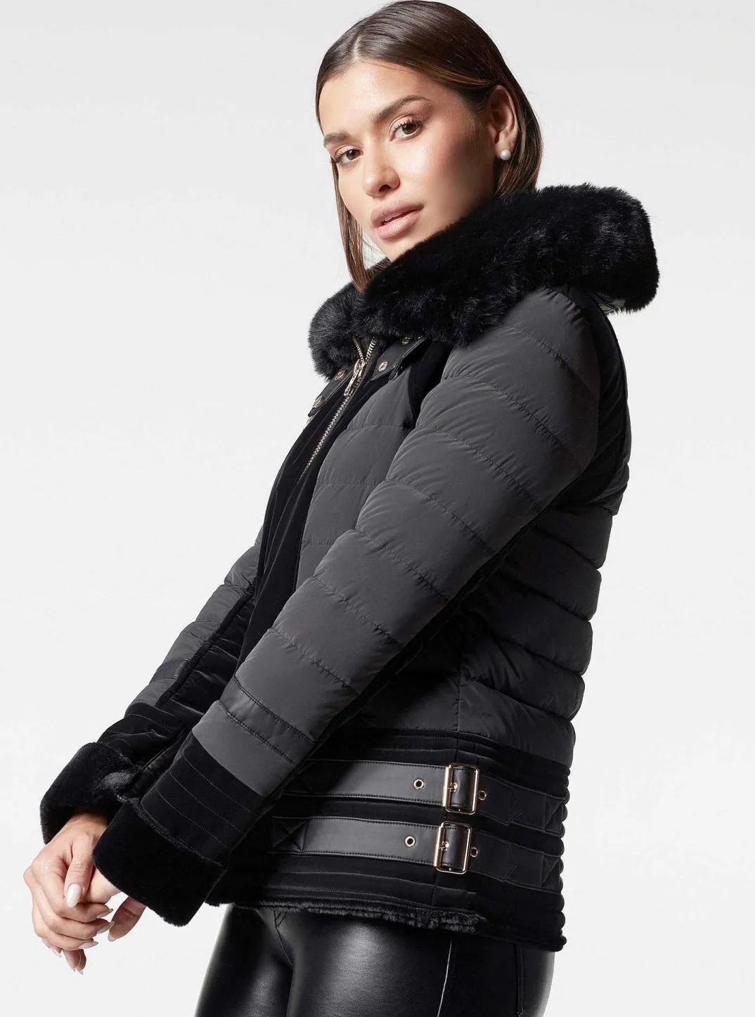 New Gold Moto Puffer Jacket - Down Filled Women Puffers & Coats