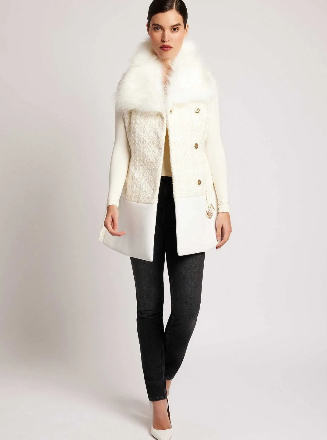 Hot Irina Boucle Long Vest Gold Trim Women Puffers & Coats