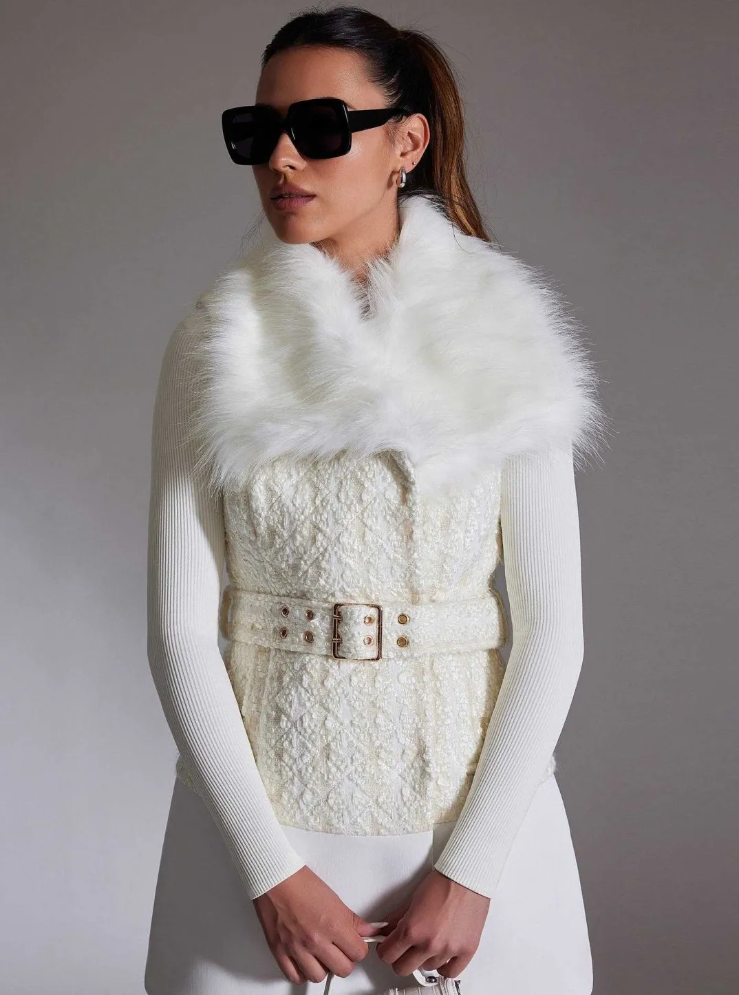 Hot Irina Boucle Long Vest Gold Trim Women Puffers & Coats