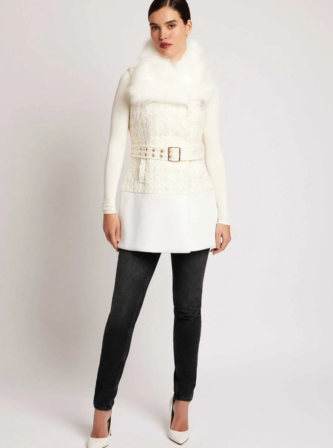 Hot Irina Boucle Long Vest Gold Trim Women Puffers & Coats
