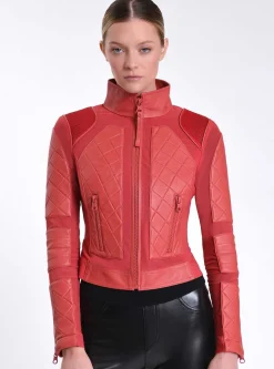 Best Sale Leather Moto Mesh Jacket Women Cranberry