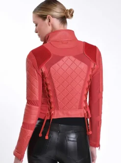 Best Sale Leather Moto Mesh Jacket Women Cranberry