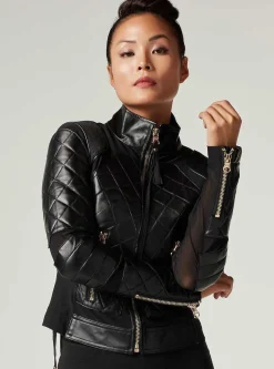 Best Mesh Moto Jacket With Black Leather & Gold Trims - Gold Collection Women Motos