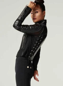 Best Mesh Moto Jacket With Black Leather & Gold Trims - Gold Collection Women Motos