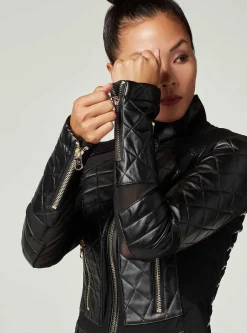 Best Mesh Moto Jacket With Black Leather & Gold Trims - Gold Collection Women Motos