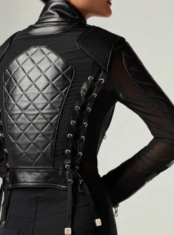 Best Mesh Moto Jacket With Black Leather & Gold Trims - Gold Collection Women Motos