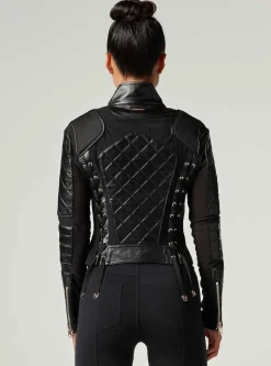 Best Mesh Moto Jacket With Black Leather & Gold Trims - Gold Collection Women Motos