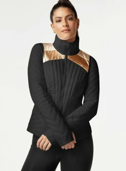 Fashion Metallic Motion Panel Zip Puffer - Down Filled Women Puffers & Coats