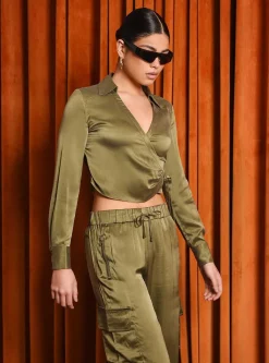 New Silk Wrap Shirt Women Olive