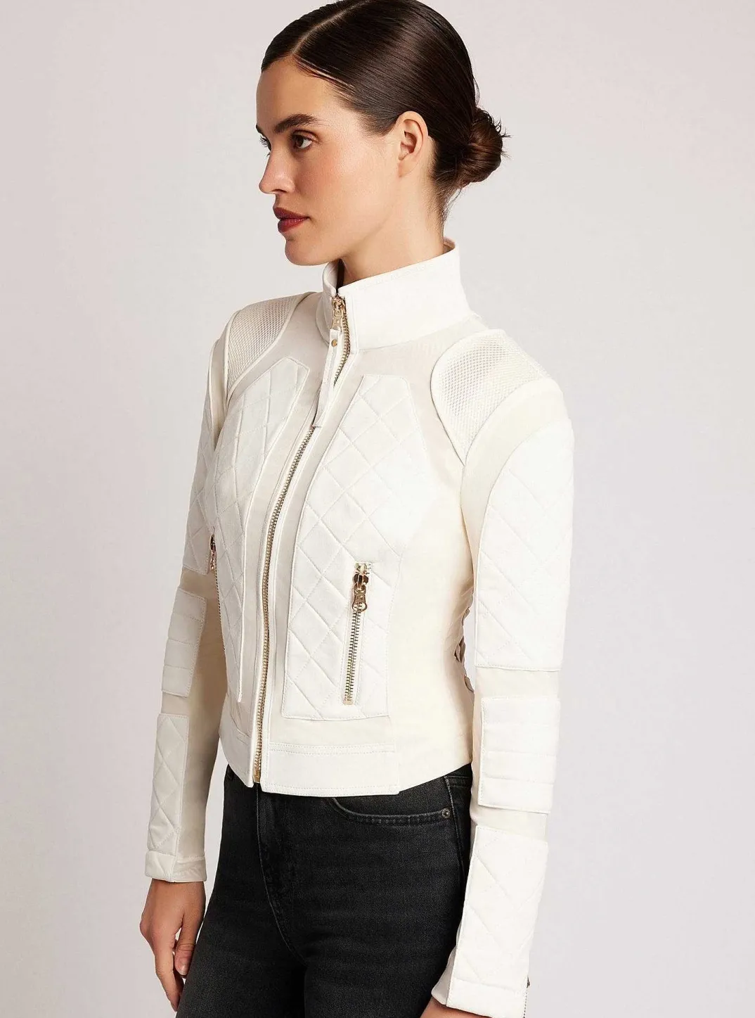 Best Suede Moto Mesh Jacket With Gold Trims Women Motos